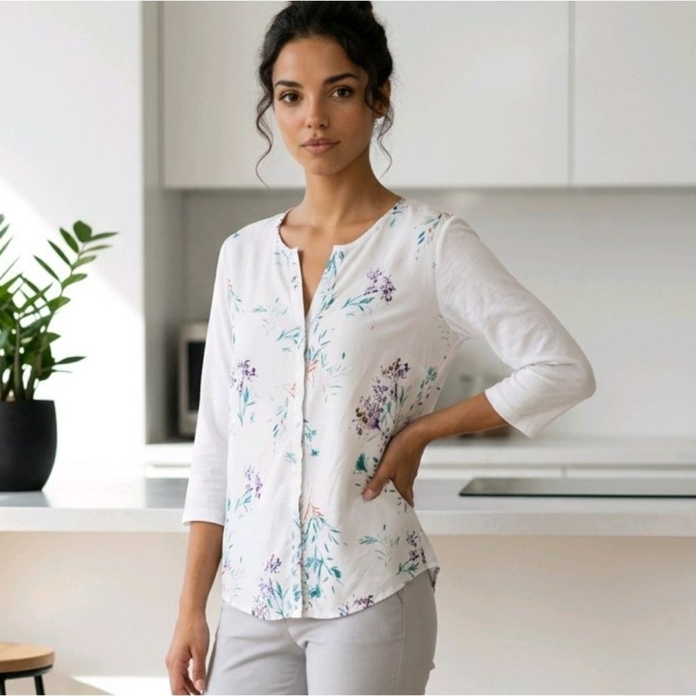 Van Heusen Women's Floral Chiffon Mixed Media Knit Top 3/4 Sleeve Henley Blouse